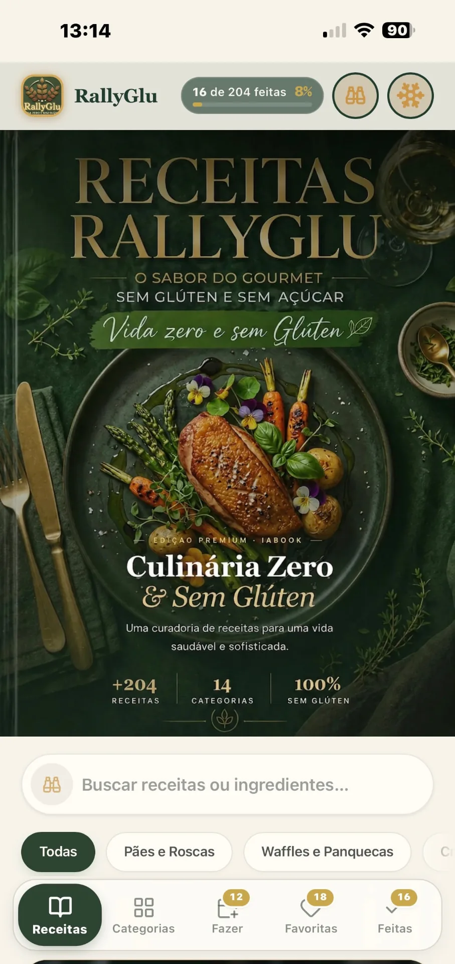 Tela inicial do app RallyGlu com boas-vindas e atalhos para as receitas do dia