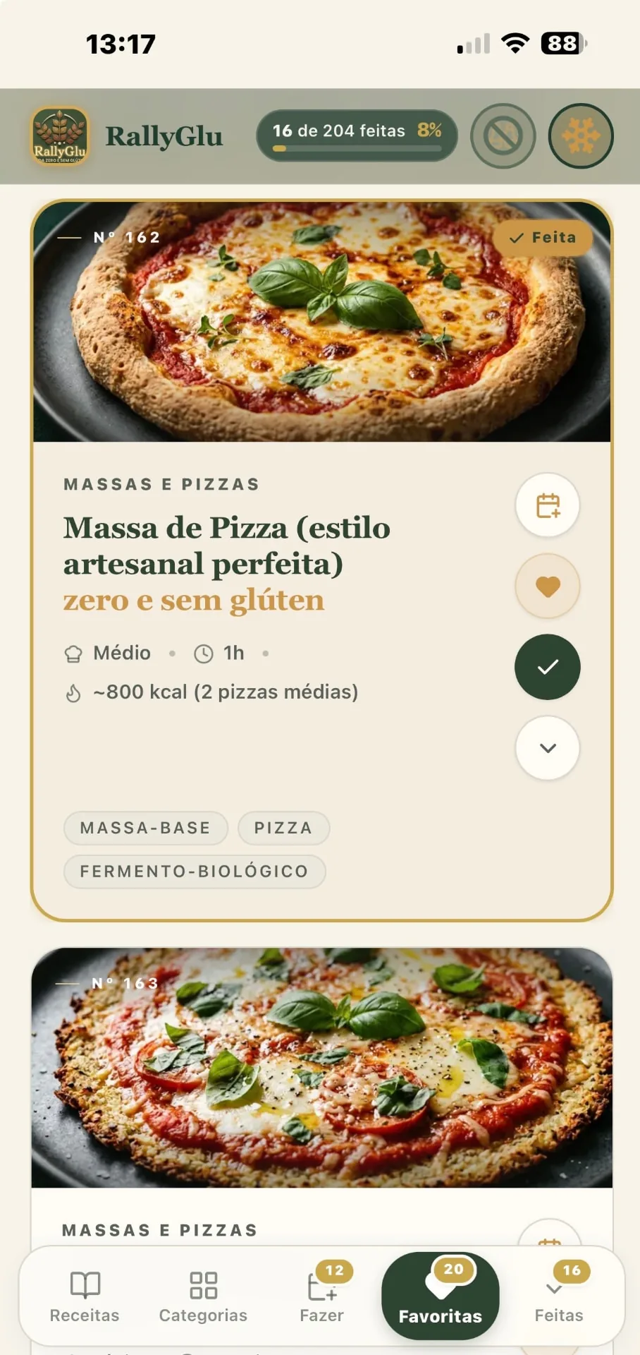 Aba Favoritas do app RallyGlu com as receitas salvas pelo usuário