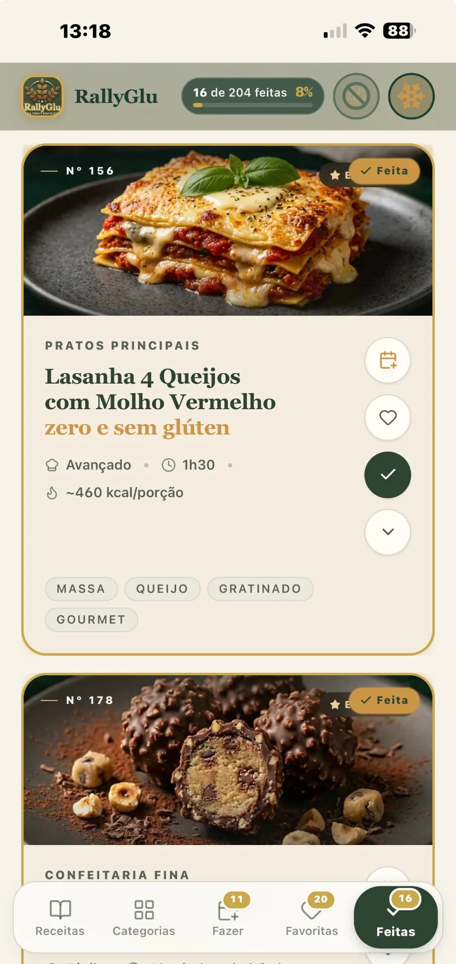 Aba Feitas do app RallyGlu com o histórico de receitas já preparadas