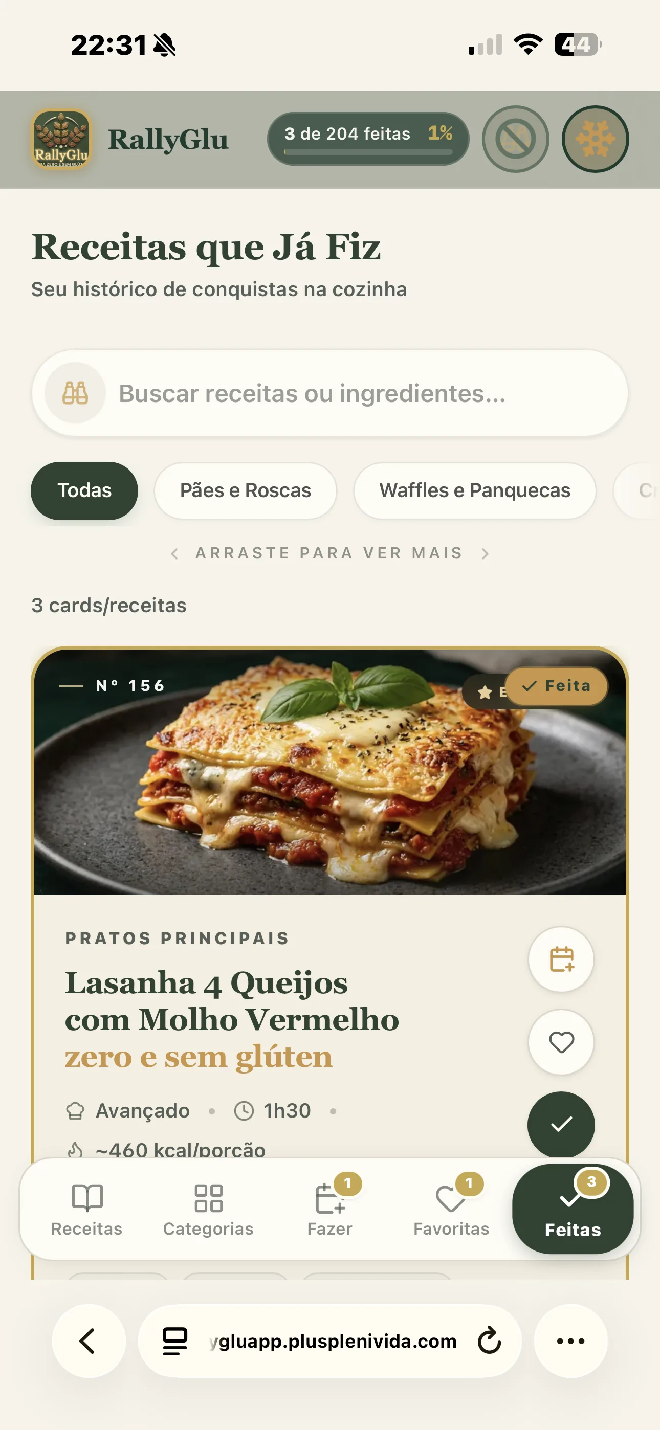 Tela do app RallyGlu — 5 — Aba "Feitas"