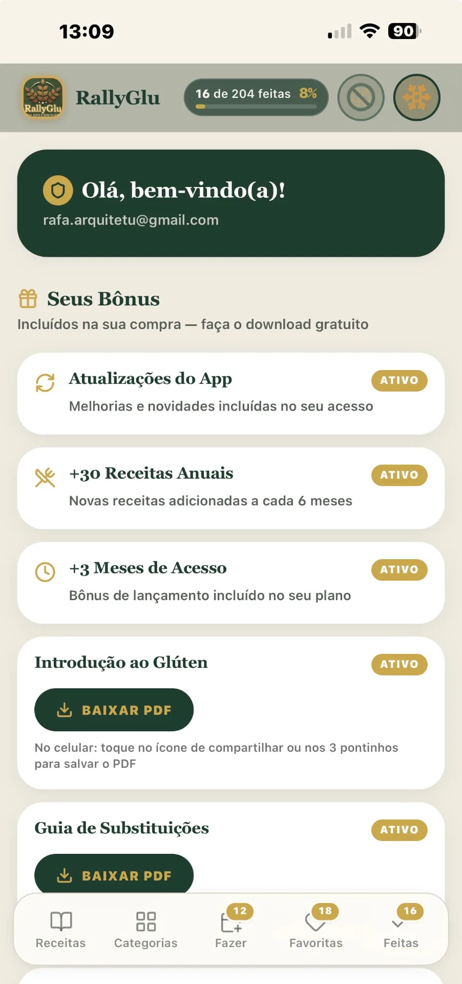 Menu inicial do app RallyGlu com acesso às seções e configurações