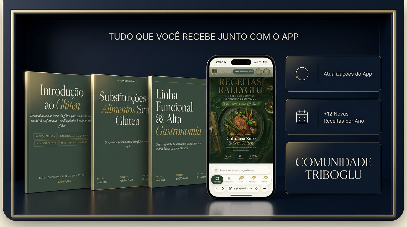 Tudo que você recebe junto com o App RallyGlu: eBooks, app, atualizações e comunidade TriboGlu