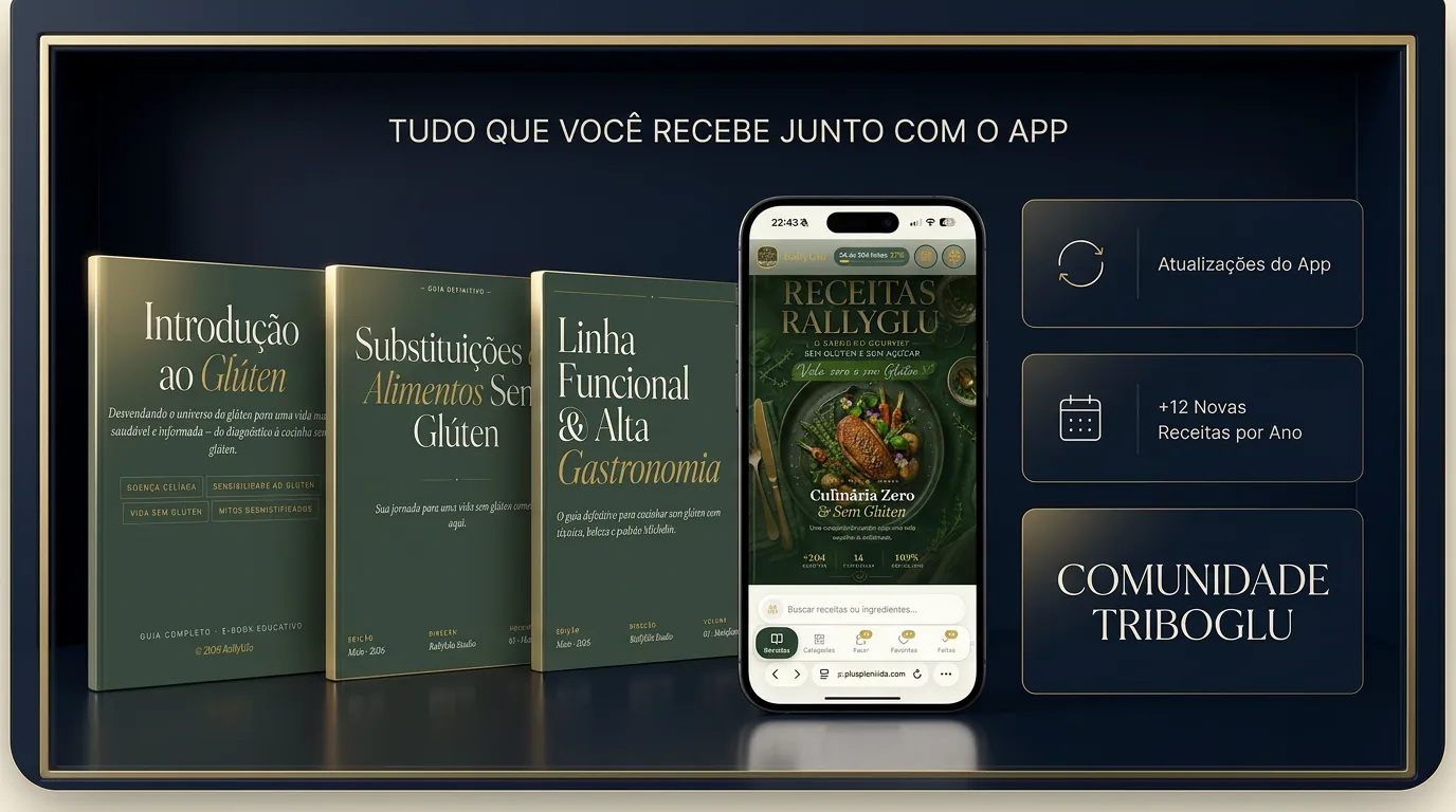 Tudo que você recebe junto com o App RallyGlu: eBooks, app, atualizações e comunidade TriboGlu